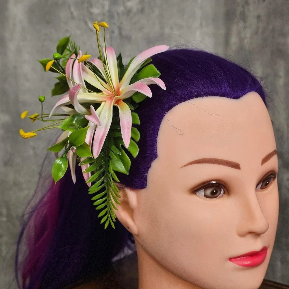 Handmade‎ Pink White Lily Hair Flower Clip Tiki Rockabilly Pinup Hawaiian